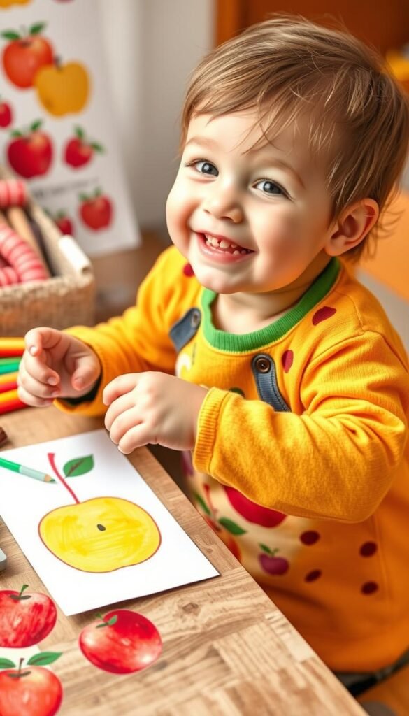 Create an image of a toddler engaging in an apple-themed craft activity.