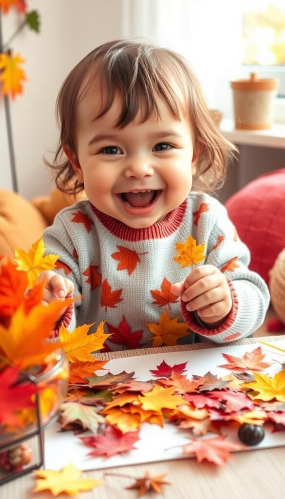 Create an image of a toddler making a fall collage with leaves