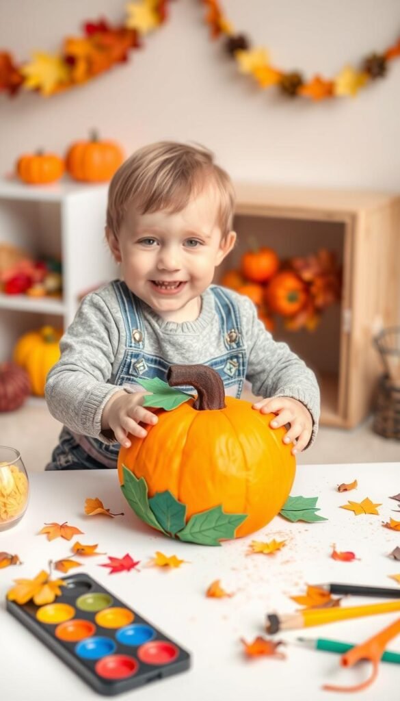 Create an image of a toddler making a pumpkin craft