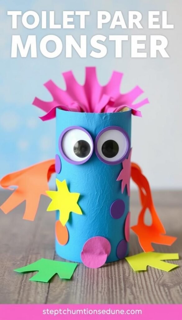 Create an image of a toilet paper roll monster with googly eyes and colorful paper decorations.