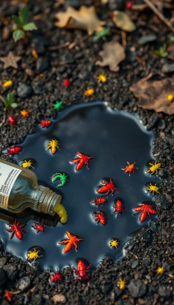 Create an image of a toxic spill puddle with plastic insects and an empty poison bottle.