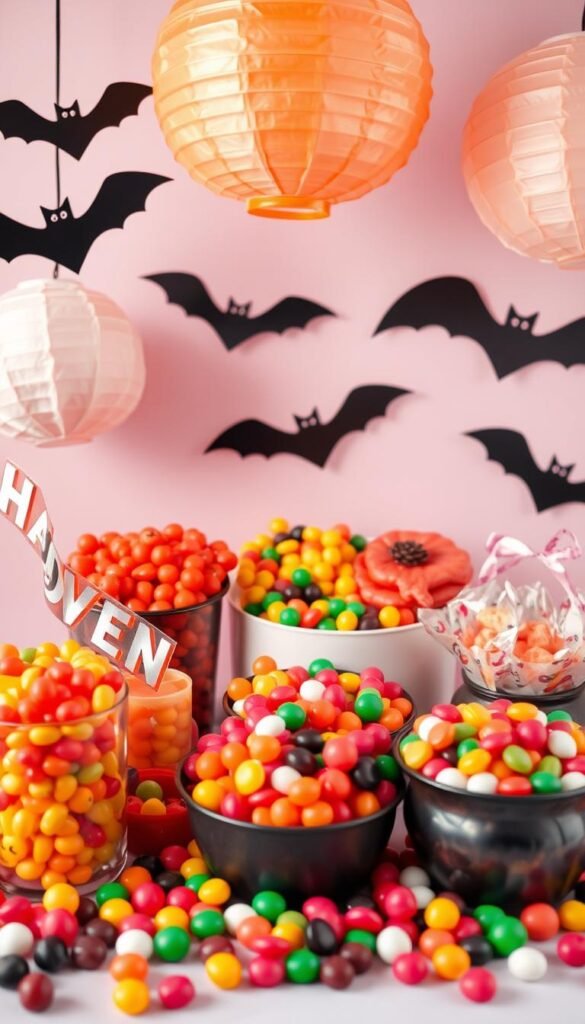 Create an image of a vibrant candy-themed Halloween party with colorful candies, hanging paper lanterns, and bat cutouts.