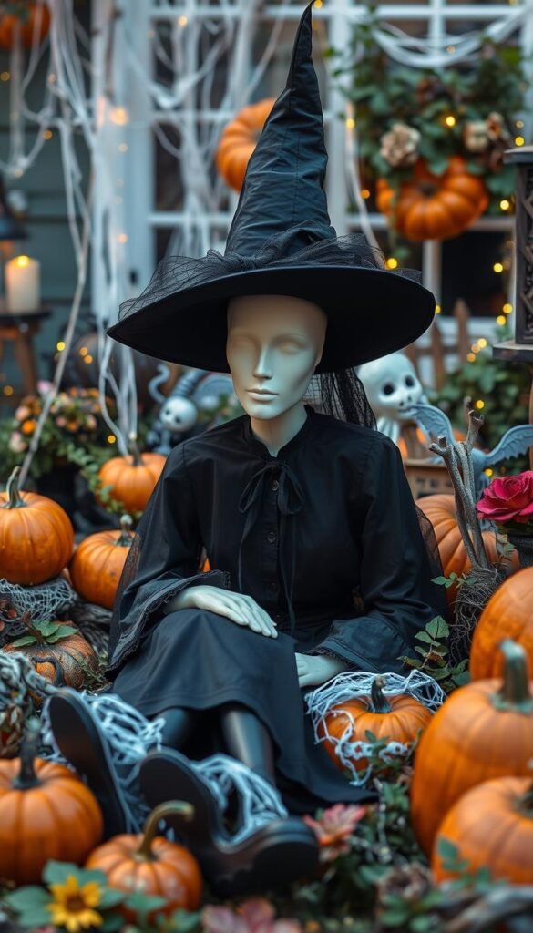 Create an image of a witch mannequin crashed into a garden with Halloween decorations around.