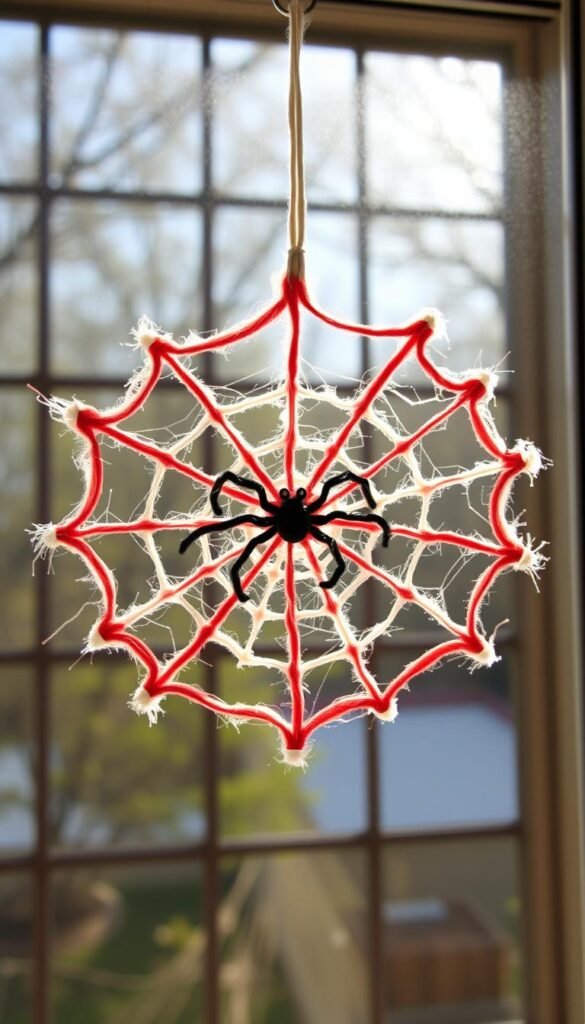 Create an image of a yarn spider web art piece with a plastic spider in the center, displayed in a window.