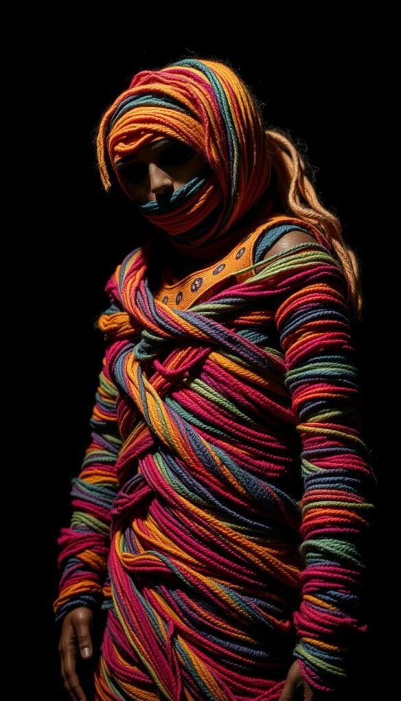 Create an image of a yarn-wrapped mummy figure