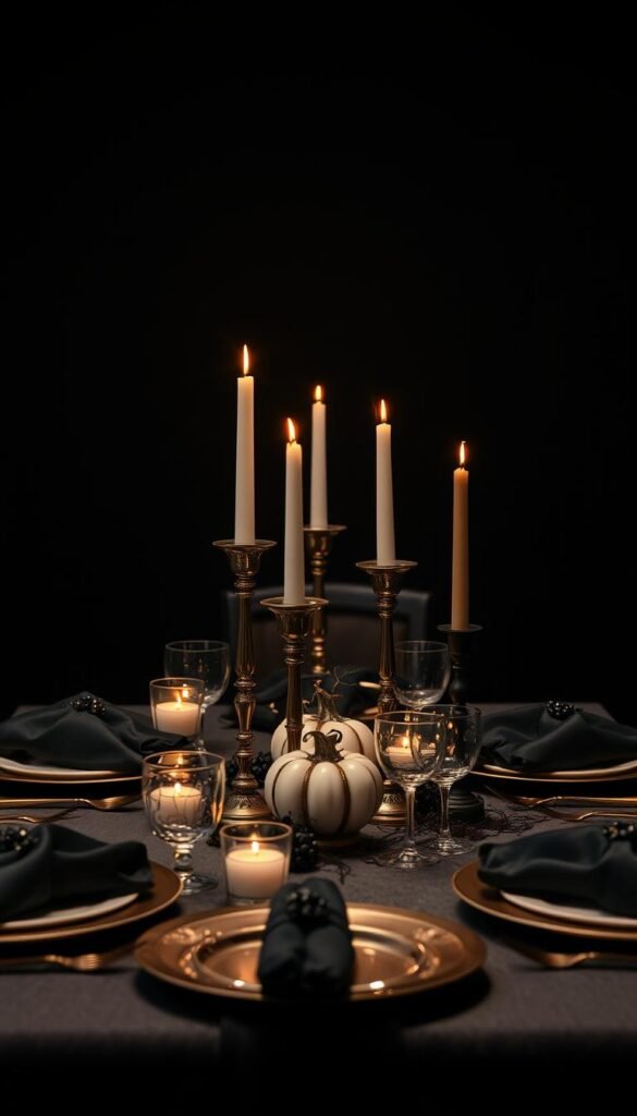 Create an image of an elegant Halloween dinner table with candlesticks of varying heights, dark linens, and subtle Halloween decorations.