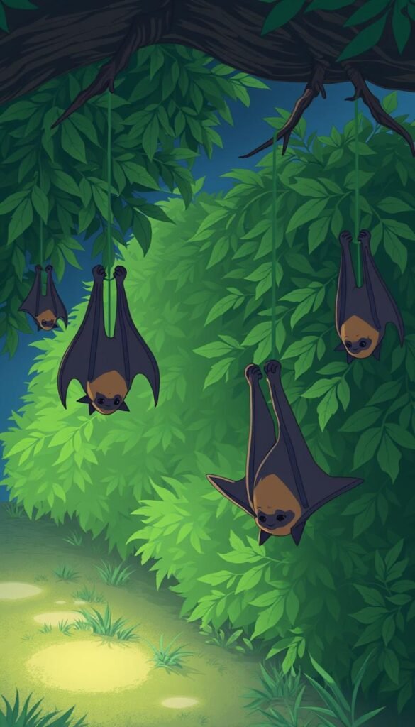 Create an image of bats hanging from bushes