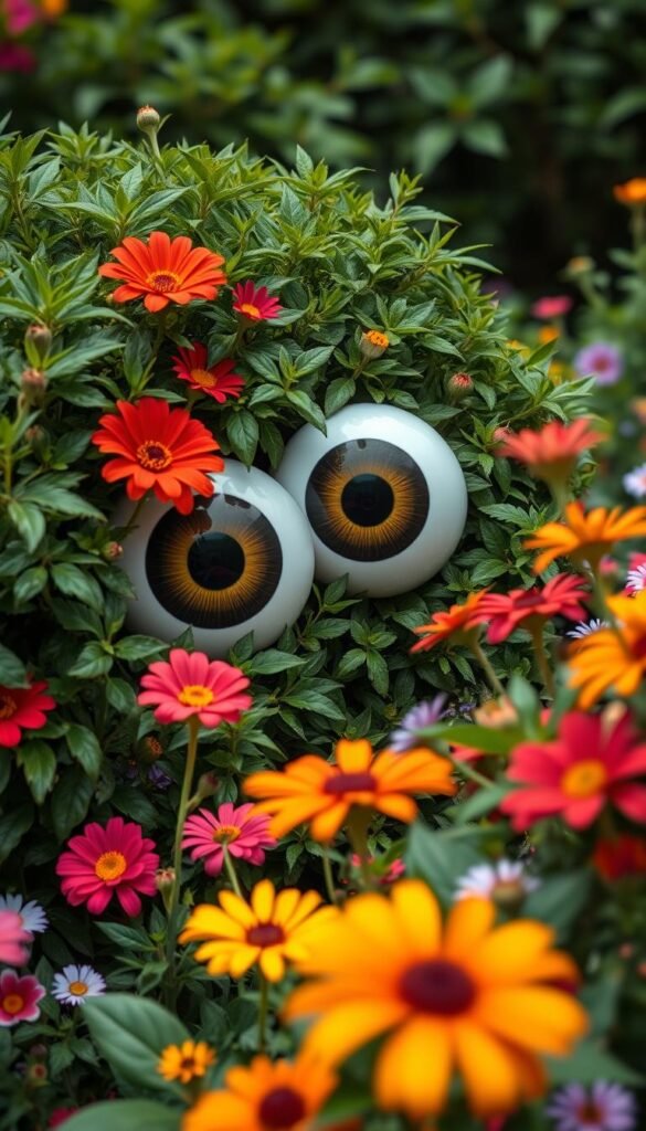 Create an image of giant googly eyes peeking out from garden bushes.