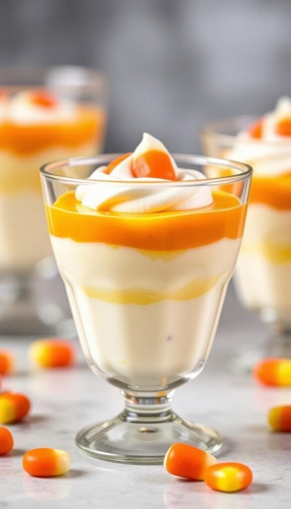 Create an image of layered cheesecake mousse in a clear cup, colored to resemble candy corn.