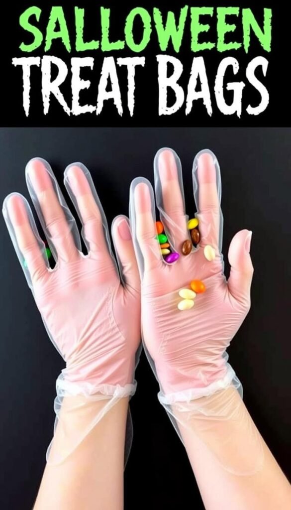 Create an image of severed hand treat bags made from clear disposable gloves filled with candy or trail mix.
