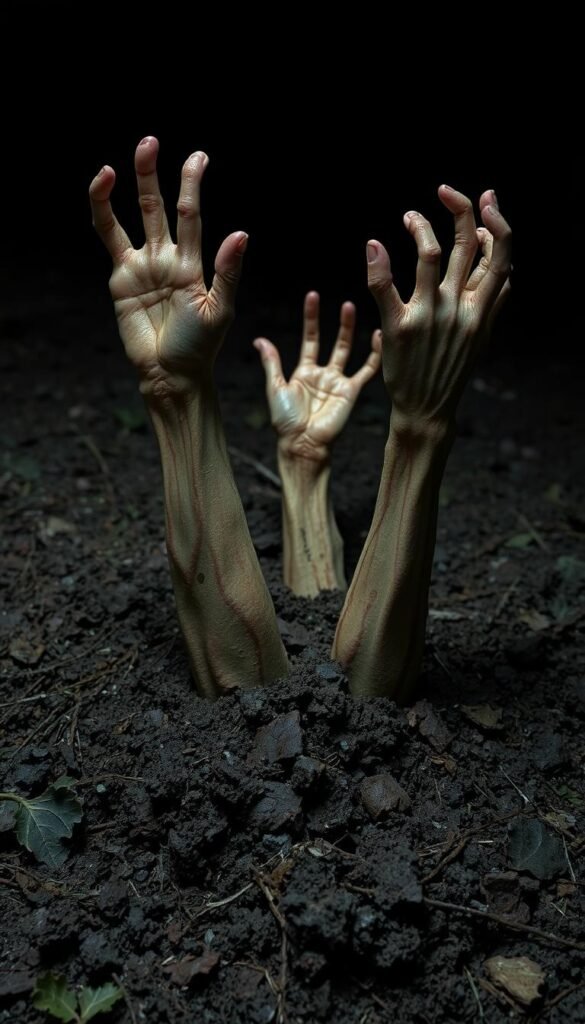 Create an image of zombie hands rising from the ground