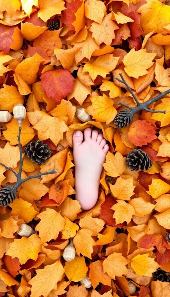 Crisp autumn leaves cover the ground, their vibrant hues of gold, red, and orange creating a natural canvas. In the center, a toddler's bare footprint stands out, the soft indentation a testament to the child's exploration of the season. Delicate fallen twigs and pinecones frame the footprint, adding a rustic, earthy element. Soft, diffused sunlight filters through the trees, casting a warm, inviting glow over the scene. The overall composition evokes a sense of wonder and discovery, capturing the essence of fall footprint art for infants.