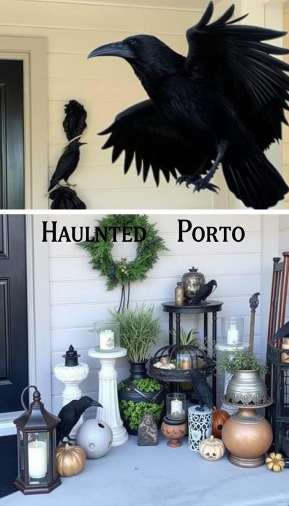 DIY haunted porch scene with faux ravens, witchy accessories, and vintage props