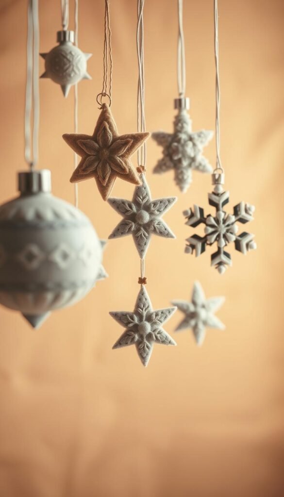 Delicate felt Christmas ornaments in festive holiday shapes, arranged against a warm, cozy background. Soft, muted tones create a serene, handcrafted ambiance. An assortment of shapes - stars, baubles, snowflakes - hang gracefully, each with intricate stitching and texture. Gentle lighting casts a subtle glow, highlighting the dimensional quality of the materials. The ornaments appear to float in a slightly hazy, atmospheric setting, as if suspended in a moment of tranquil contemplation. An inviting, homespun scene that captures the essence of handmade seasonal decor.