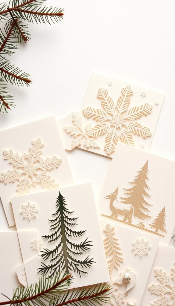 Detailed papercut holiday cards with intricate, lace-like patterns and silhouettes of snowflakes, pine trees, and festive motifs. A crisp, clean background with soft lighting and a slight vignette effect, highlighting the delicate textures and intricate layers of the paper cuttings. The cards are arranged in a natural, organic composition, with a subtle sense of depth and dimensionality. The overall mood is elegant, refined, and captures the enchanting, handcrafted spirit of the holiday season.