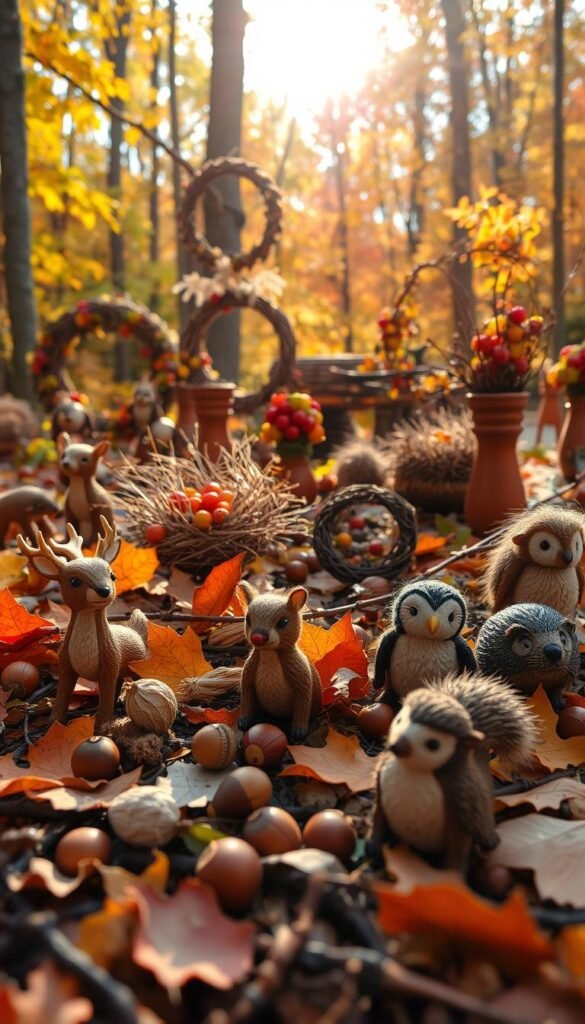 Detailed woodland scene showcasing various autumn-themed crafts made with natural materials. Foreground features a collection of handcrafted woodland animal figurines - deer, squirrels, owls, and hedgehogs - posed among fallen leaves, acorns, and twigs. Middle ground shows an assortment of decorative pieces like wreaths, garlands, and centerpieces woven from twigs, berries, and dried flowers. Background depicts a lush, autumnal forest with sun peeking through the vibrant foliage. Warm, golden lighting casts a cozy, rustic atmosphere. Photographed from a low angle to capture the whimsical, crafted details.