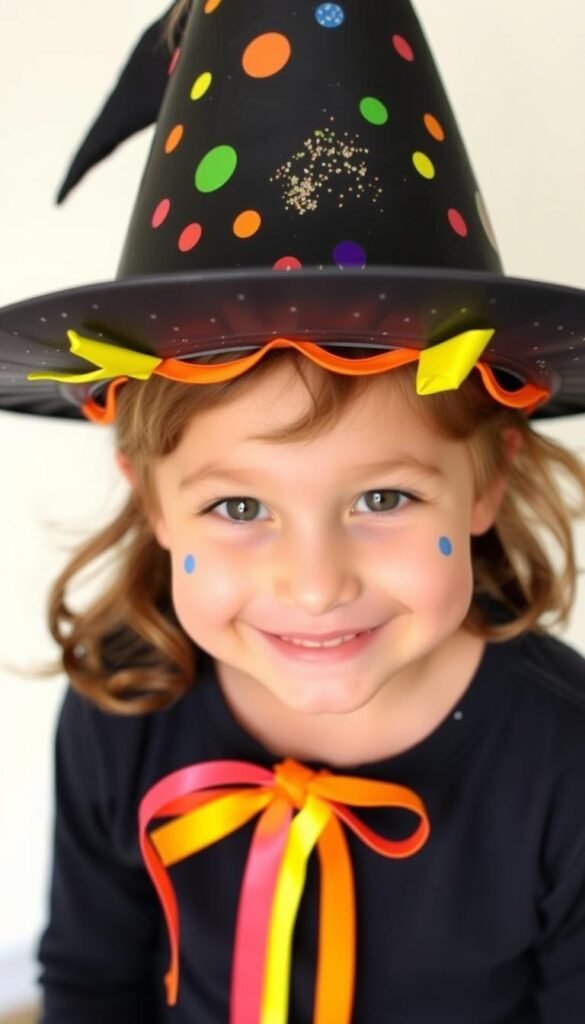 Generate an image of a child wearing a paper plate witch hat decorated with glitter, stickers, and ribbon.