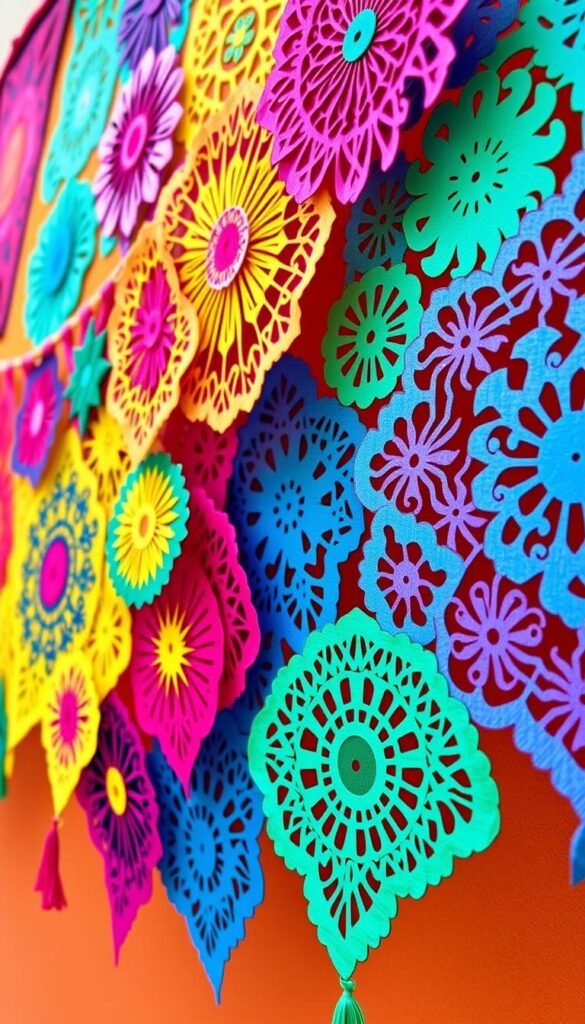 Generate an image of a colorful papel picado banner with various designs.