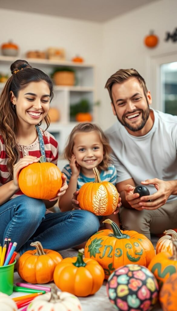 Generate an image of a family engaged in a pumpkin painting activity, surrounded by art supplies and decorated pumpkins.