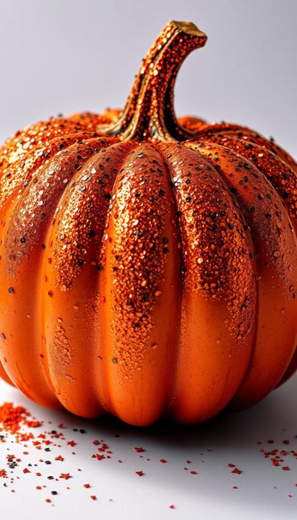 Generate an image of a glitter pumpkin with orange and black glitter