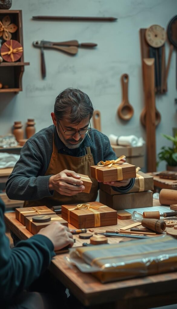 Generate an image of a person packaging handmade wood crafts for gifting or sale.