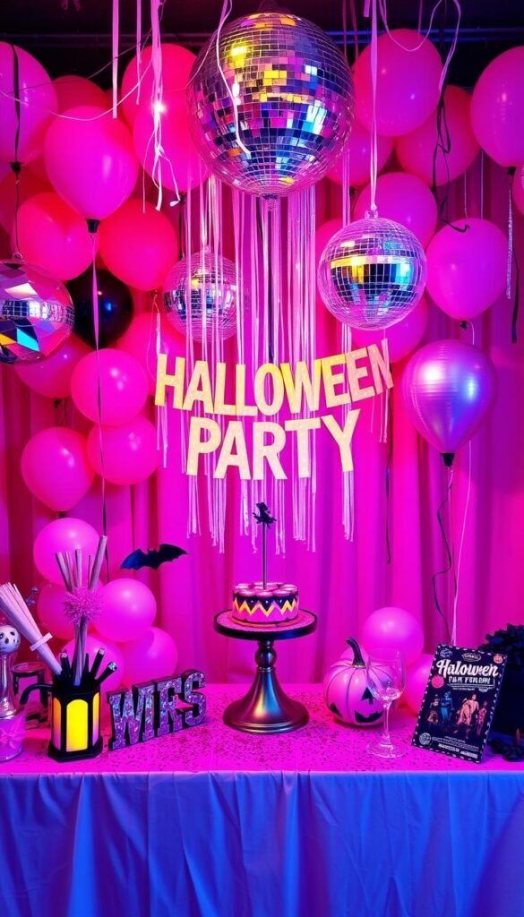 Generate an image of a pink and disco-themed Halloween party decor with balloons and disco accents.