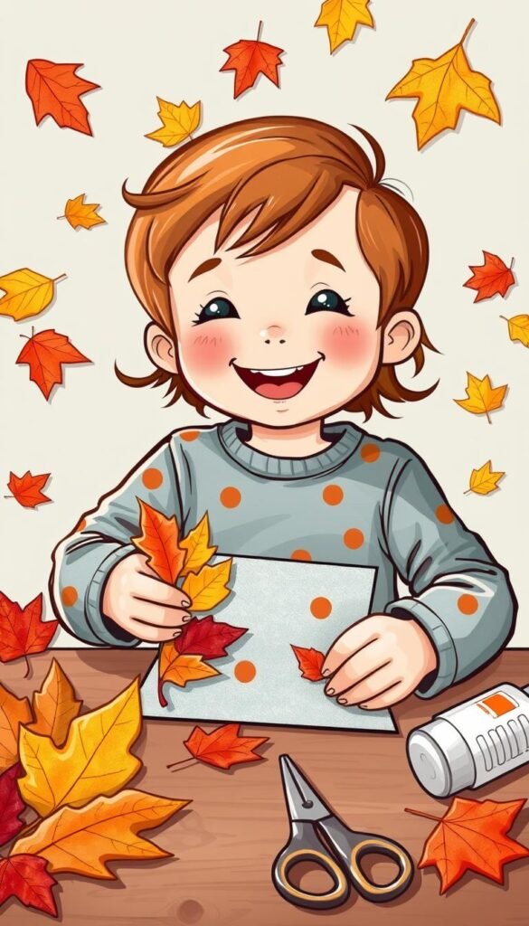 Generate an image of a preschooler creating a fall craft