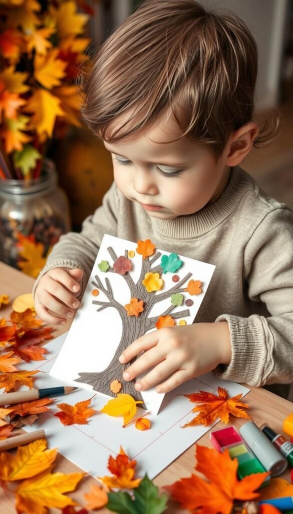 Generate an image of a toddler making a fall tree craft