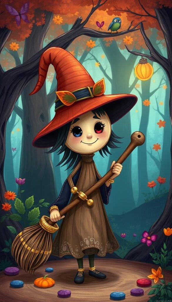 Generate an image of a wooden spoon witch with a pointed hat and a broomstick.