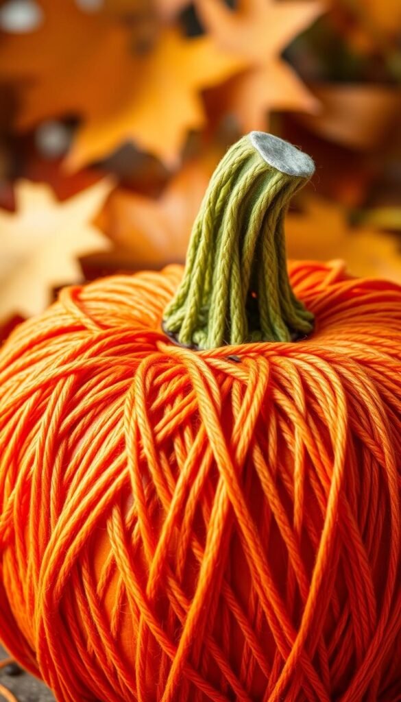 Generate an image of a yarn-wrapped pumpkin with orange yarn and a green stem