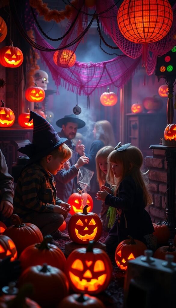 Generate an image of kids participating in a spooky scavenger hunt around a Halloween party area.