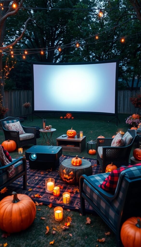 Halloween outdoor movie setup with a projector, screen, and cozy seating