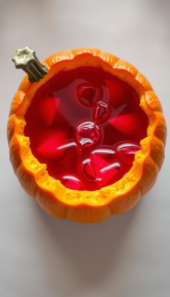 Image of a pumpkin hollowed out and filled with red punch.