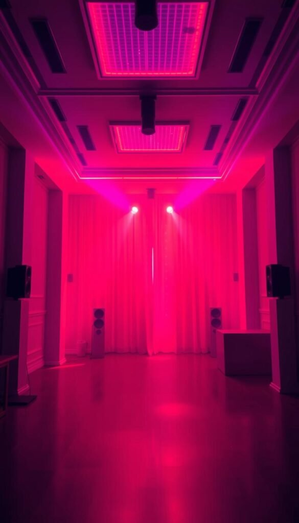 Image of a room lit with red and purple lighting