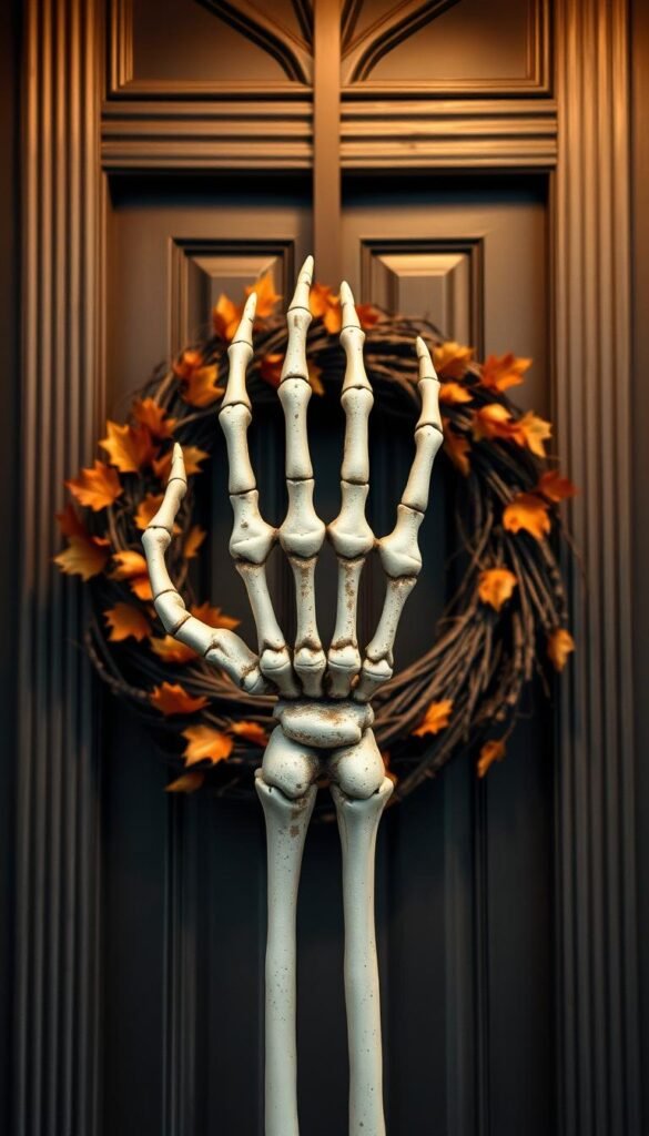Image of a skeleton hand wreath on a front door
