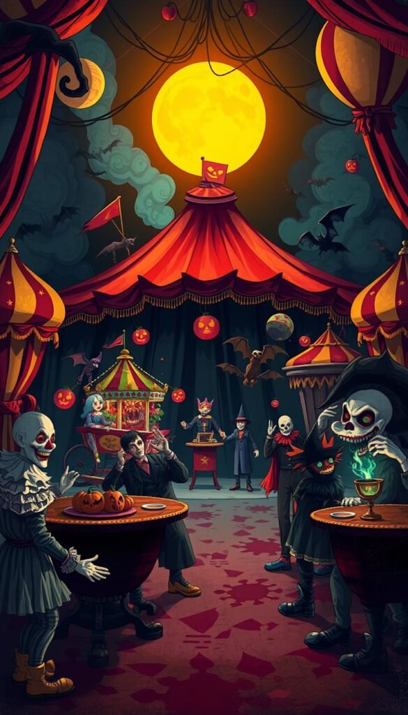 Image of a twisted circus halloween party with creepy clowns and carnival elements