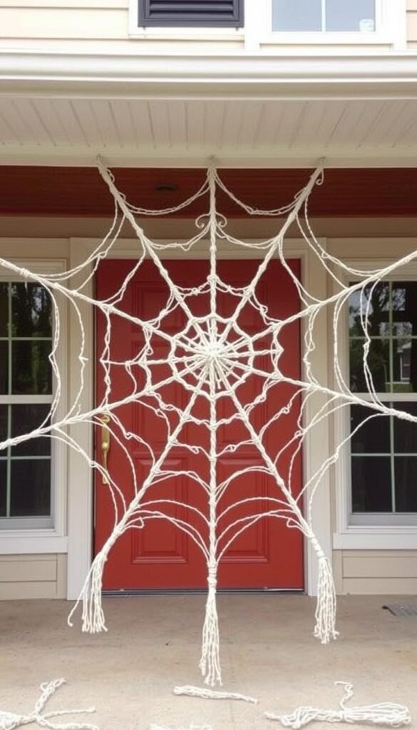 Image of an oversized spiderweb made with braided yarn on a house facade