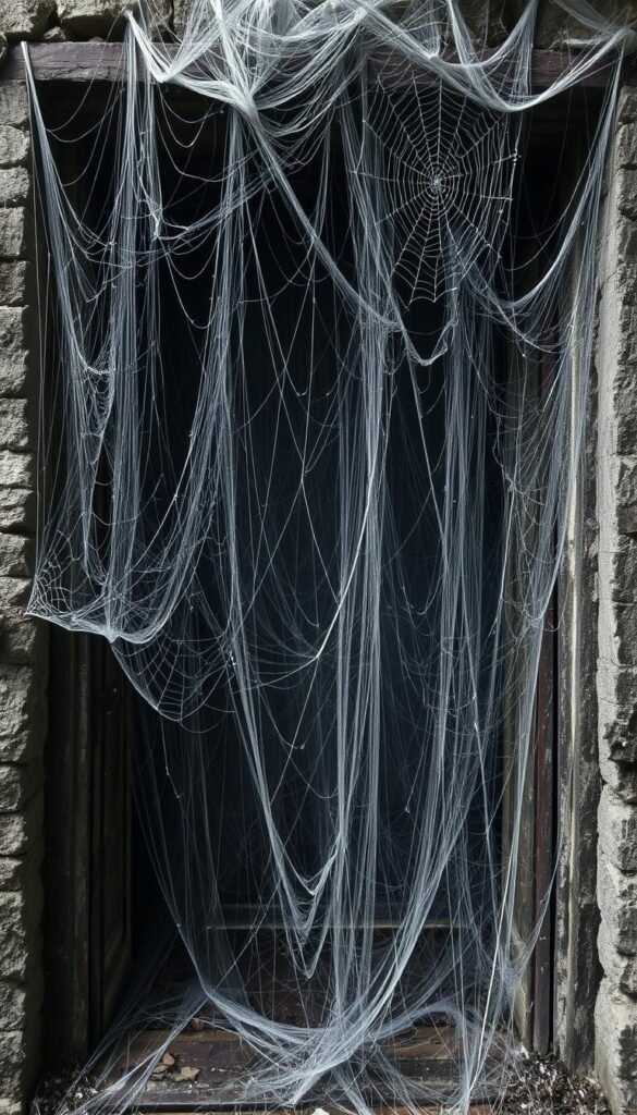 Image of creepy spider webs covering a doorway