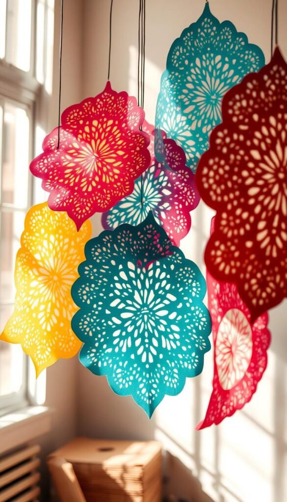 Intricate papel picado patterns float in a well-lit, airy studio setting. Vibrant, colored papers are suspended mid-cut, revealing the delicate lace-like designs emerging from the blades of precision scissors. Soft shadows cast by the papers create depth and dimension, accentuating the fluid, graceful movements of the cutting process. The composition is balanced, with the papers arranged in a visually appealing layout that captures the artistry and skill required for successful papel picado creation. Warm, natural lighting bathes the scene, imbuing it with a sense of warmth and creativity.