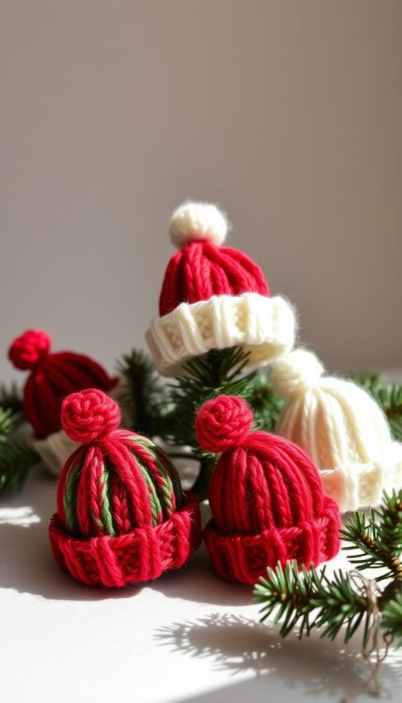 Miniature yarn hats, soft and festive, arranged in a cozy still life. Hues of red, green, and white pop against a neutral background. Gentle side lighting casts subtle shadows, highlighting the textural details of the knitted ornaments. The hats are positioned at various angles, creating a dynamic composition. A sense of handmade charm and holiday cheer permeates the scene, inviting the viewer to imagine these adorable accents adorning a Christmas tree or holiday display.