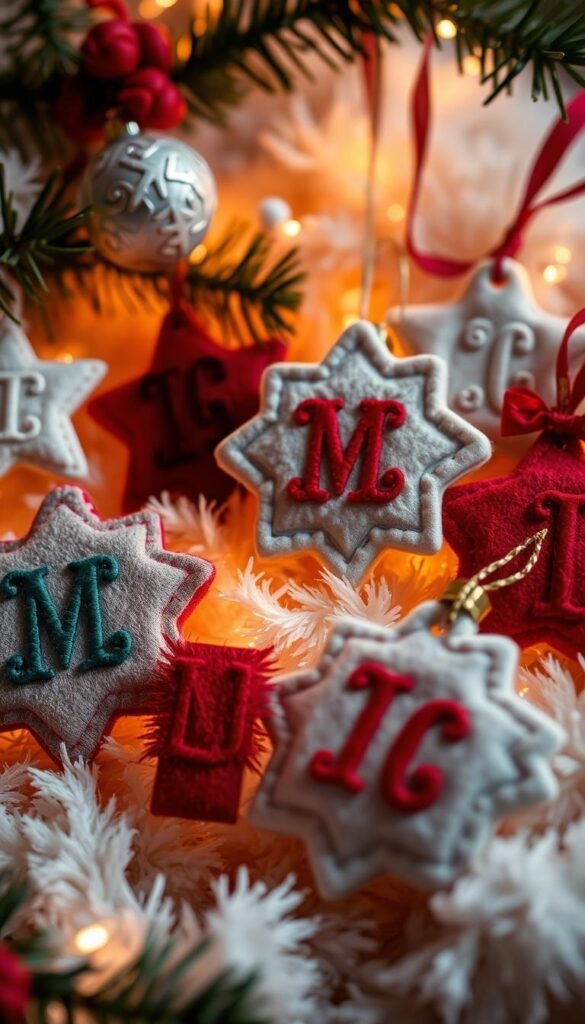 Personalized monogram felt Christmas ornaments in a cozy, festive scene. Close-up view of handcrafted felt decorations in various shapes and sizes, each adorned with intricate embroidered monograms against a soft, fuzzy background. Warm, glowing lighting casts a gentle, natural radiance, creating a charming, homemade ambiance. The ornaments are arranged artfully, showcasing their individual details and textures. Hints of seasonal accents like pine branches or holiday ribbons add to the handmade, rustic aesthetic. An inviting, winter-wonderland vibe permeates the image, capturing the spirit of personalized, DIY Christmas decor.