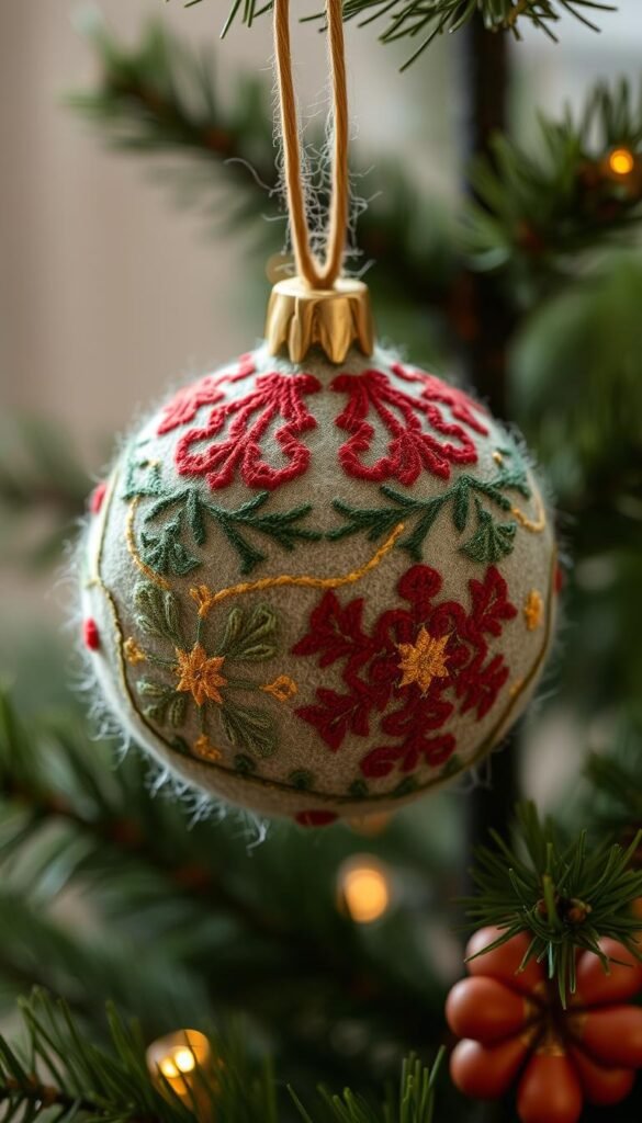 Soft, felted Christmas tree ornament, intricately embroidered with delicate patterns in muted tones of green, red, and gold. Hanging from a natural jute loop, the ornament's textured surface reflects soft, diffused lighting, creating a warm, cozy atmosphere. Captured in a close-up, high-resolution view, highlighting the meticulous stitching and the subtle sheen of the fabric. Showcasing the handmade charm and artisanal quality of this handcrafted decoration, perfect for adorning a rustic, minimalist holiday tree.