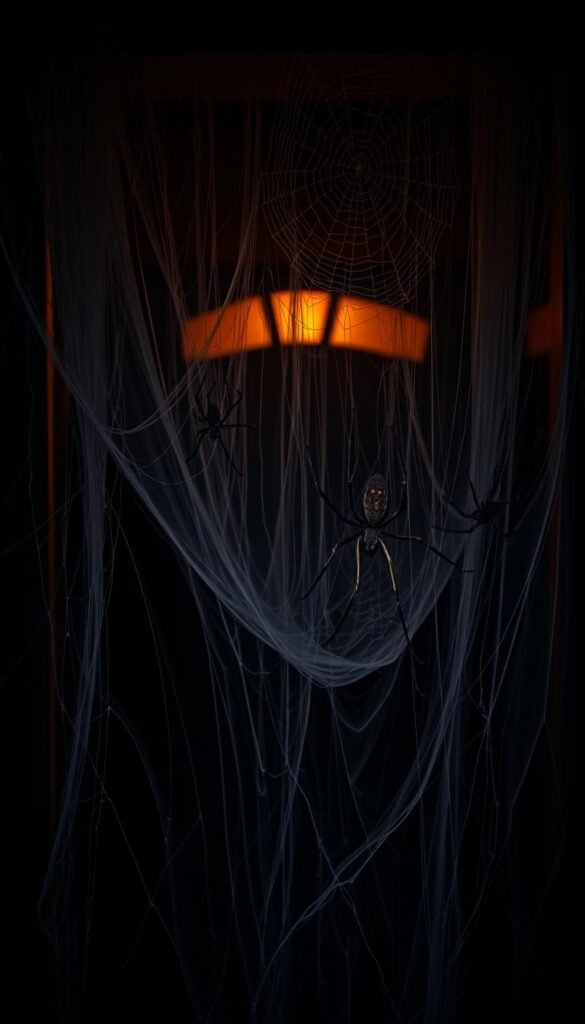 Spooky spider webs draped across an entryway, cast in a haunting twilight glow. Thick, intricate strands of gossamer thread cling to the shadows, forming an eerie veil that beckons visitors into a realm of supernatural mystery. Lurking within the silky trappings, ominous arachnids with long, spindly legs peer out, their eyes gleaming with a sinister intent. The scene is bathed in a deep, moody lighting that casts dramatic shadows, heightening the sense of foreboding and unease. A chilly autumn breeze rustles the webs, causing them to sway and undulate, as if the very house is alive and breathing. This spooky tableau sets the stage for a truly haunting Halloween celebration.