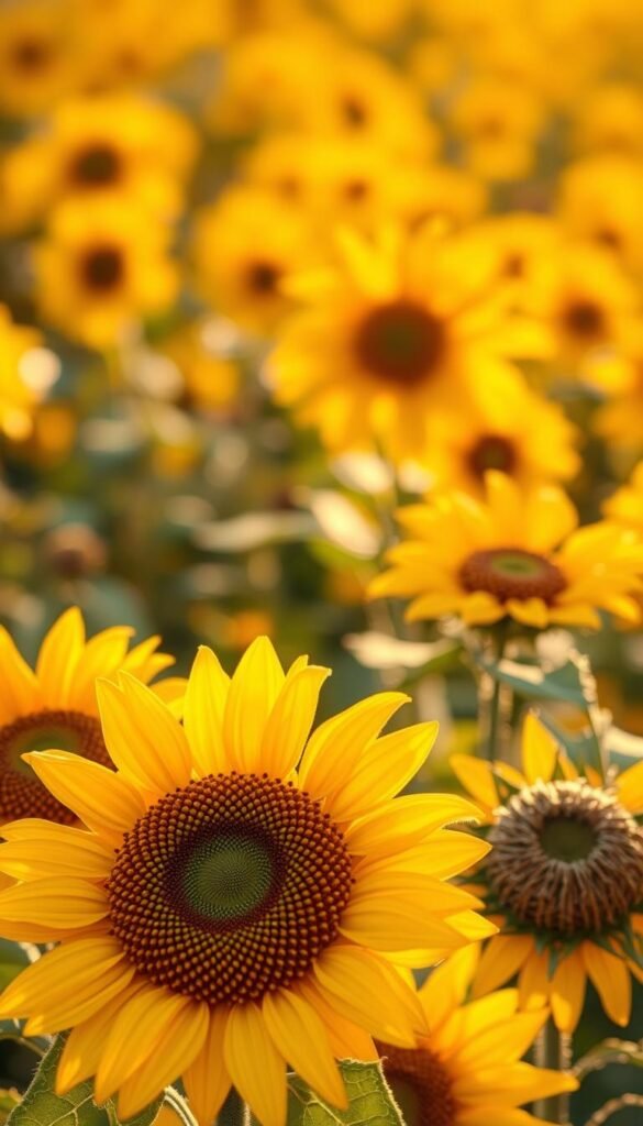Vibrant sunflower field in soft focus, golden petals radiant under warm afternoon light. A tactile centerpiece crafted from textured paper, yarn, and other materials sits in the foreground, drawing the eye. Pleasing sensory details like fuzzy chenille stems, bumpy seeds, and crinkly leaves invite touch. The sunflower's organic forms and cheerful colors create an inviting, autumnal atmosphere perfect for a preschool craft project.