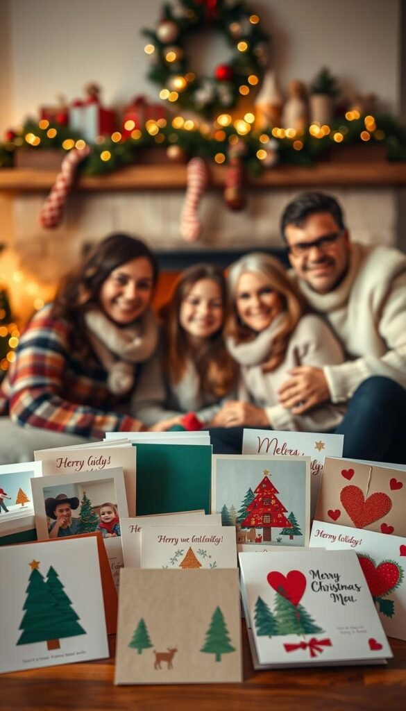 Warm, cozy photo holiday cards showcasing a loving family gathered around a fireplace. In the foreground, an array of colorful, handcrafted cards with festive imagery and heartfelt messages. In the middle, the family members pose for a candid snapshot, their faces aglow with holiday cheer. In the background, a well-decorated Christmas tree and twinkling lights create a festive ambiance. The lighting is soft and natural, creating a sense of intimacy and nostalgia. The composition is balanced, with the cards drawing the eye while the family members remain the focal point. The overall mood is one of togetherness, joy, and the spirit of the holiday season.