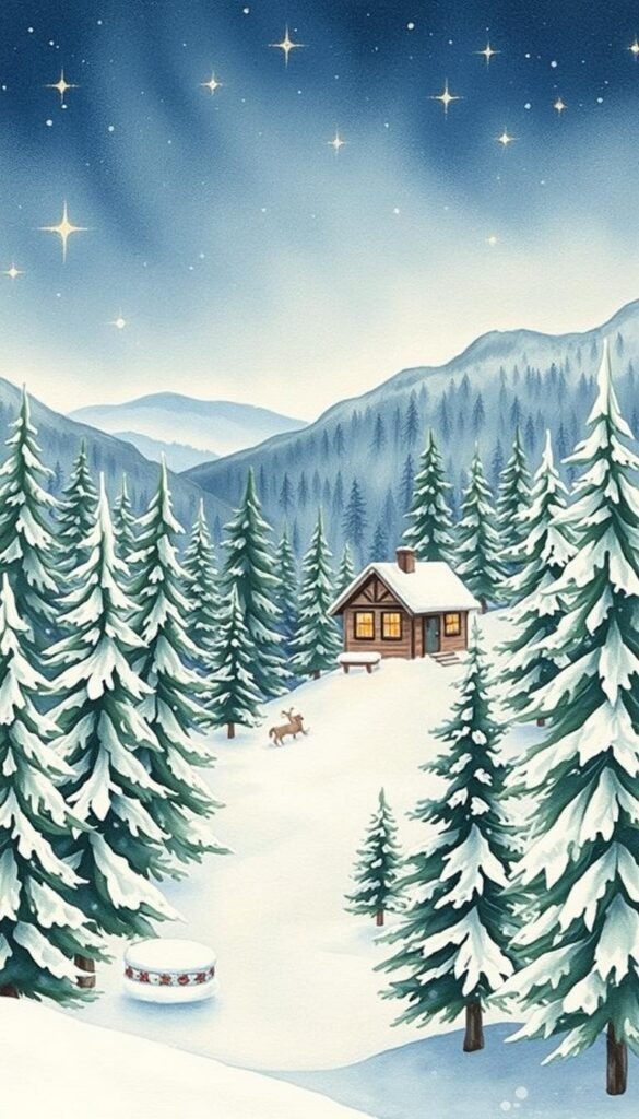 Watercolor Christmas card with a warm, cozy atmosphere. A detailed, hand-painted winter landscape fills the frame, featuring snow-covered pine trees, a small cabin nestled among the hills, and a starry night sky above. Soft, muted colors create a nostalgic, vintage feel. The composition is balanced, with the focal point being the cabin and its warm, glowing windows. Natural light filters through the scene, casting gentle shadows and highlights. The overall mood is one of tranquility and holiday cheer, inviting the viewer to step into this peaceful, idyllic winter wonderland.