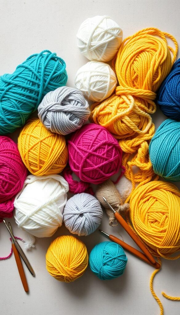 Yarn weights and ball sizes: a meticulously arranged still life showcasing an array of knitting and crocheting materials. Vibrant skeins of yarn in varying thicknesses and textures, from delicate lace to bulky, sprawl across a neutral surface, complemented by a selection of crochet hooks in different sizes and materials. Soft, even lighting illuminates the scene, casting gentle shadows and highlights to accentuate the textures and colors. The composition is balanced, allowing each element to be clearly visible and appreciated, creating a visually appealing and informative image to guide the viewer through the essential tools and supplies for DIY crochet decorations.