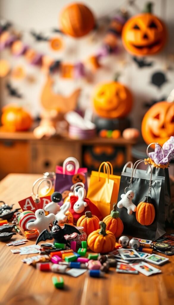 a vibrant, whimsical still life of assorted halloween party favors on a wooden table, bathed in warm, golden lighting. in the foreground, an assortment of colorful treat bags, novelty keychains, and small plush toys in the shapes of bats, ghosts, and pumpkins. in the middle ground, scattered candy, stickers, and temporary tattoos. in the background, bokeh-blurred party decor like streamers, garlands, and a carved jack-o-lantern. the items are arranged artfully, with a sense of playfulness and celebration, capturing the spirit of a spooky, festive halloween party.
