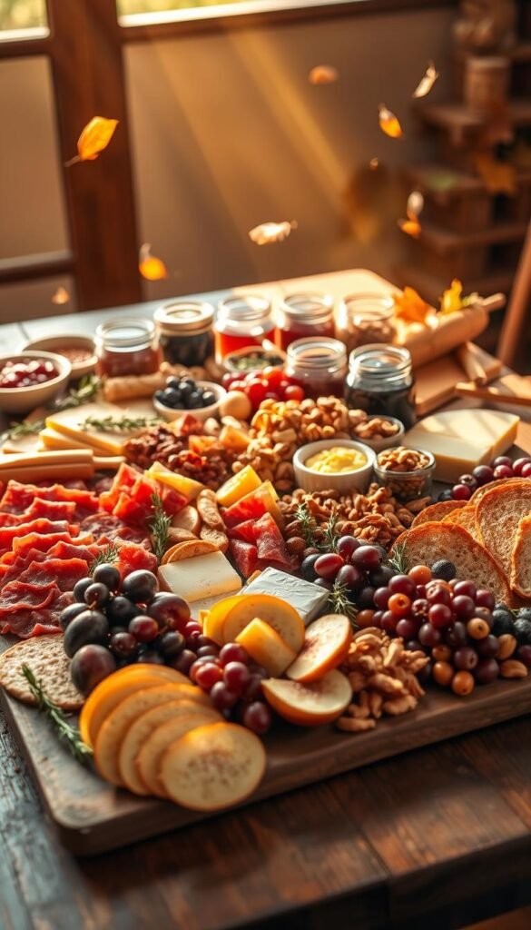 A bountiful fall charcuterie board arranged on a rustic wooden table, bathed in warm, golden lighting. In the foreground, an assortment of cured meats, artisanal cheeses, seasonal fruits like figs and grapes, and an array of crackers and breads. The middle ground features various jars of preserves, nuts, and dried fruits, alongside sprigs of rosemary and thyme. In the background, a cozy, autumnal setting with a few falling leaves drifting in the soft, hazy atmosphere. The composition is balanced, inviting, and captures the essence of a perfect fall gathering.