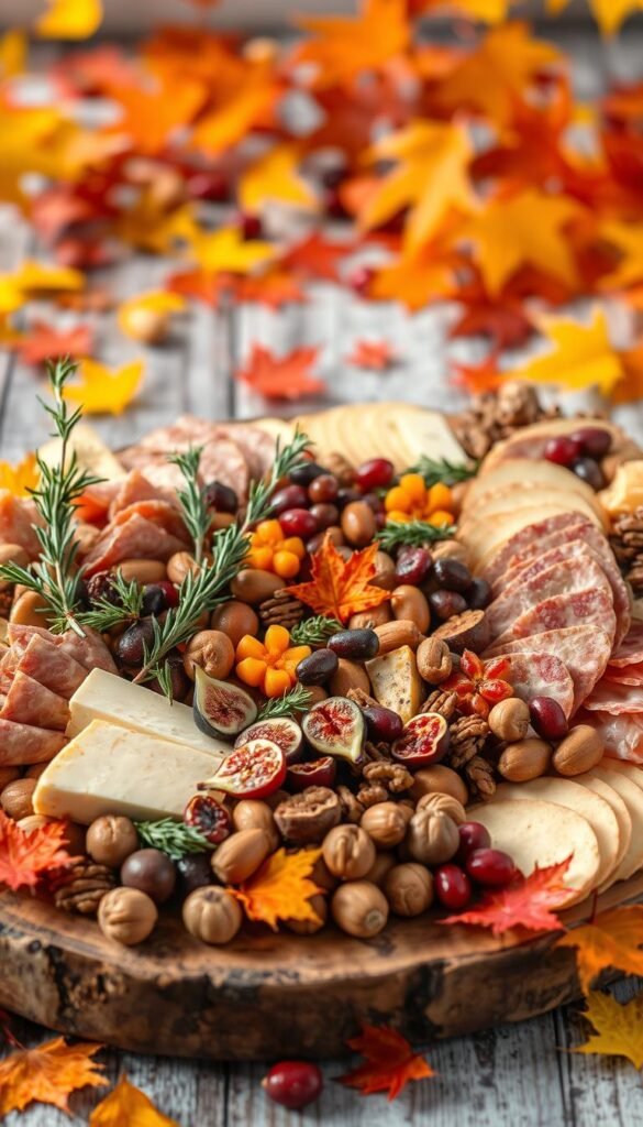 A bountiful fall charcuterie board overflows with an array of seasonal delights. In the foreground, a rustic wooden platter is laden with cured meats, artisanal cheeses, and a variety of autumnal fruits and nuts. Sprigs of rosemary, thyme, and sage add pops of verdant color, while dried figs, apricots, and cranberries lend sweet and tart notes. Walnuts, pecans, and roasted chestnuts provide crunchy textures. In the middle ground, a scattering of maple leaves in vibrant hues of orange, red, and yellow create a warm, cozy atmosphere. The background is softly lit, with a gentle, diffused light that casts a golden glow over the entire scene, evoking the essence of a perfect fall day.